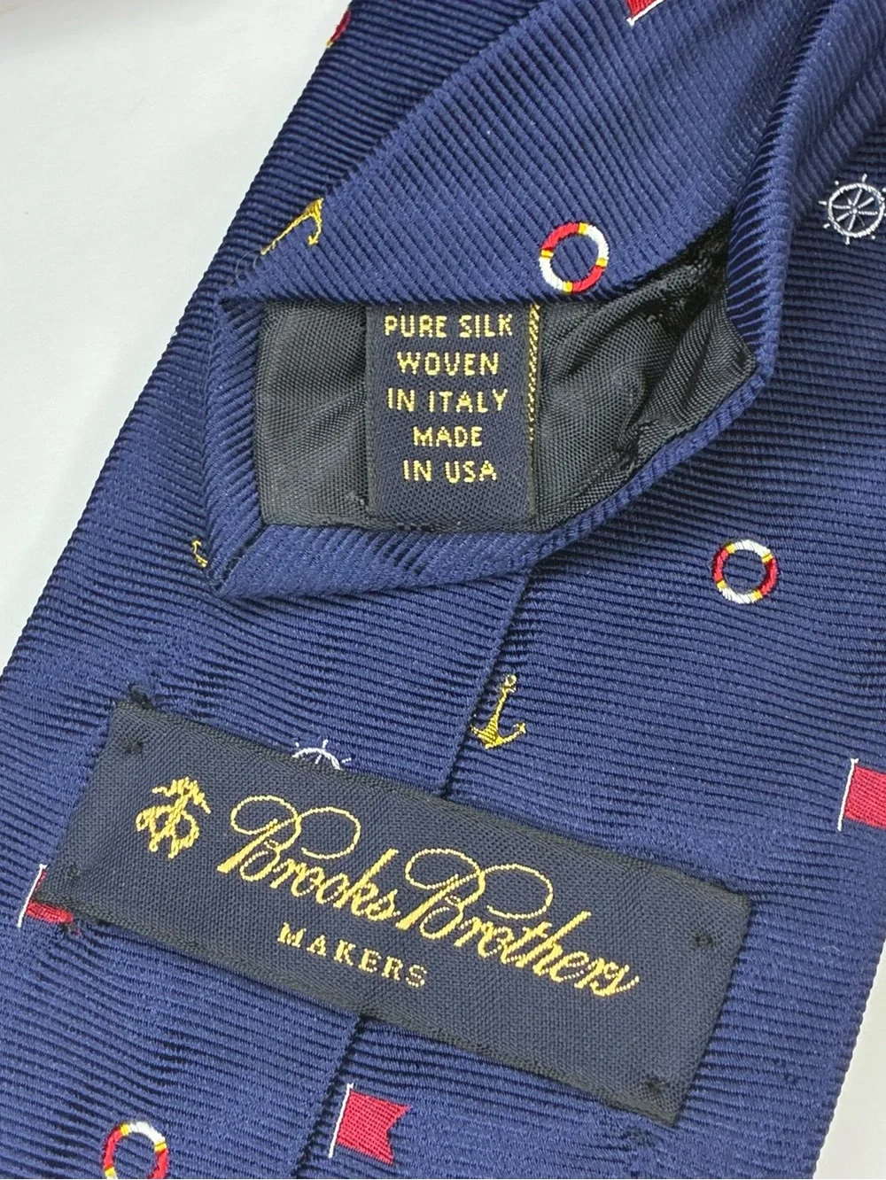VTG - Brooks Brothers Makers Navy Blue Silk Nautical Anchor Lifesaver Flag Tie